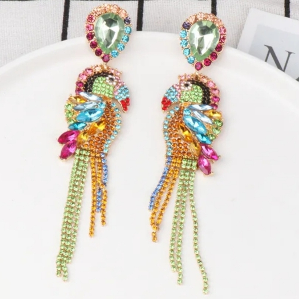 Parrot Rhinestone Statement Earrings Multi-color - Picture 7 of 10